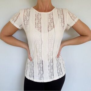 CAbi ivory lace sheer stripe print short sleeve cotton crewneck blouse small